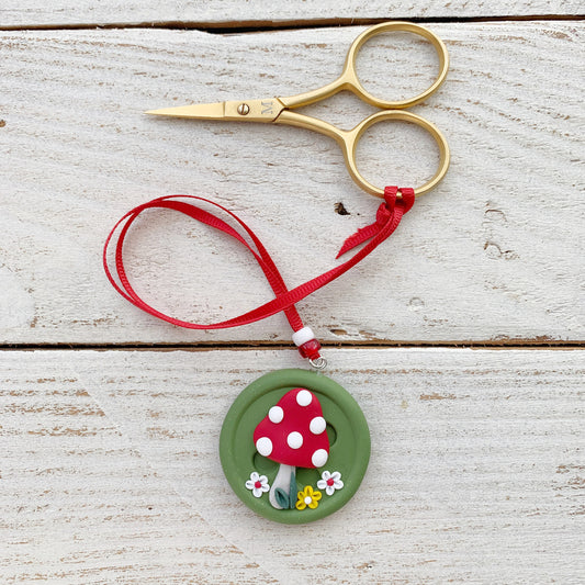 Mushroom scissor fob, scissor keeper, crochet tools, gift for her, photo props, cross stitch accessories