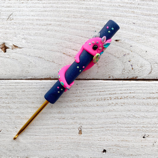 pink neon dragon crochet hook, mythical creatures, fancy crochet hooks, gift for a crocheter