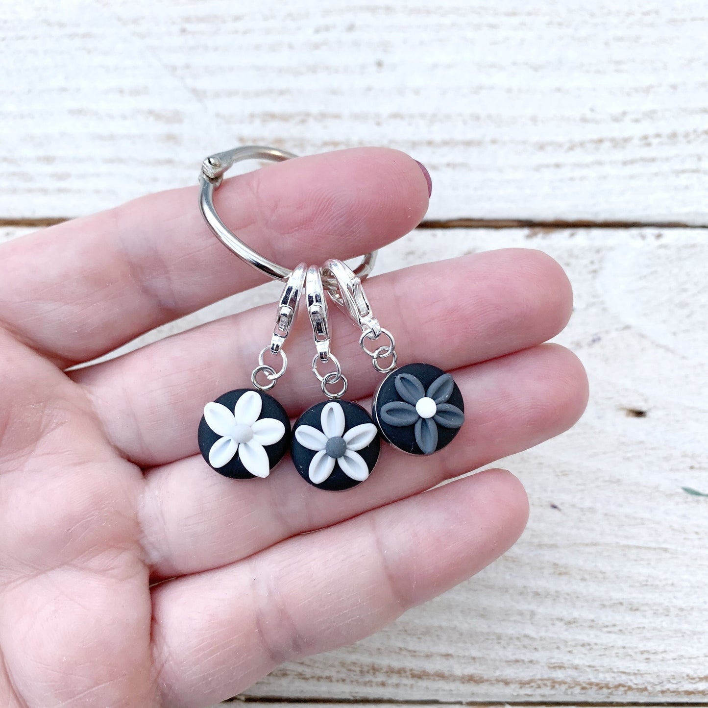 Black flower stitch markers, crochet progress keepers, autumn accessories, gift for her, stitch holders, pattern markers