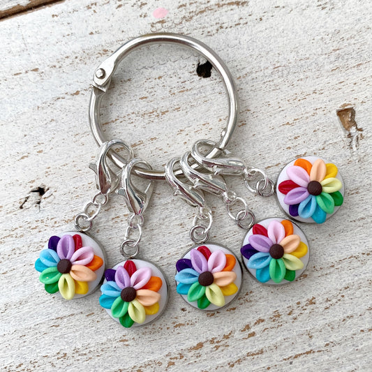 rainbow flower stitch markers, crochet progress keepers, gift for a crafter, polymer clay charms