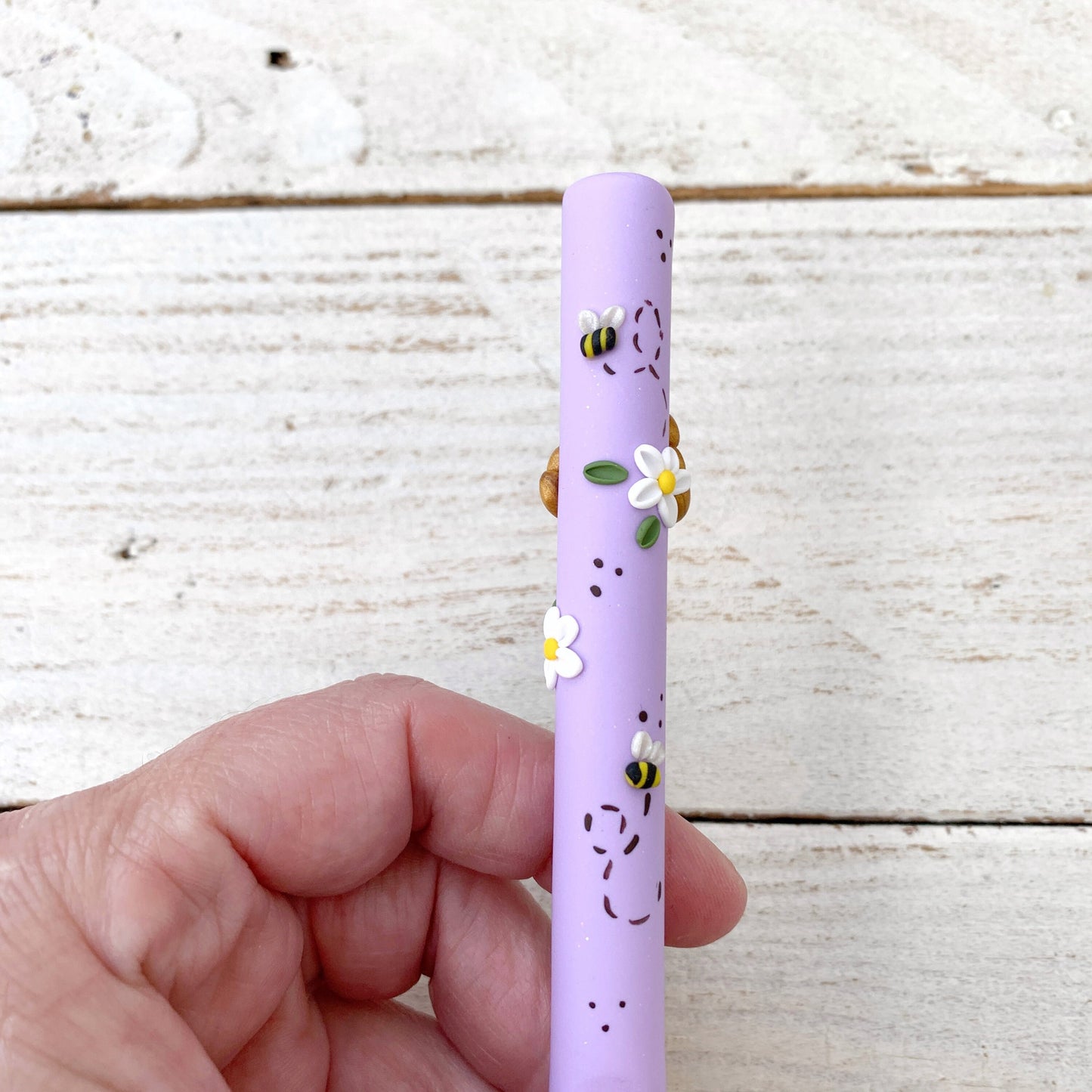 Lilac beehive polymer clay crochet hook
