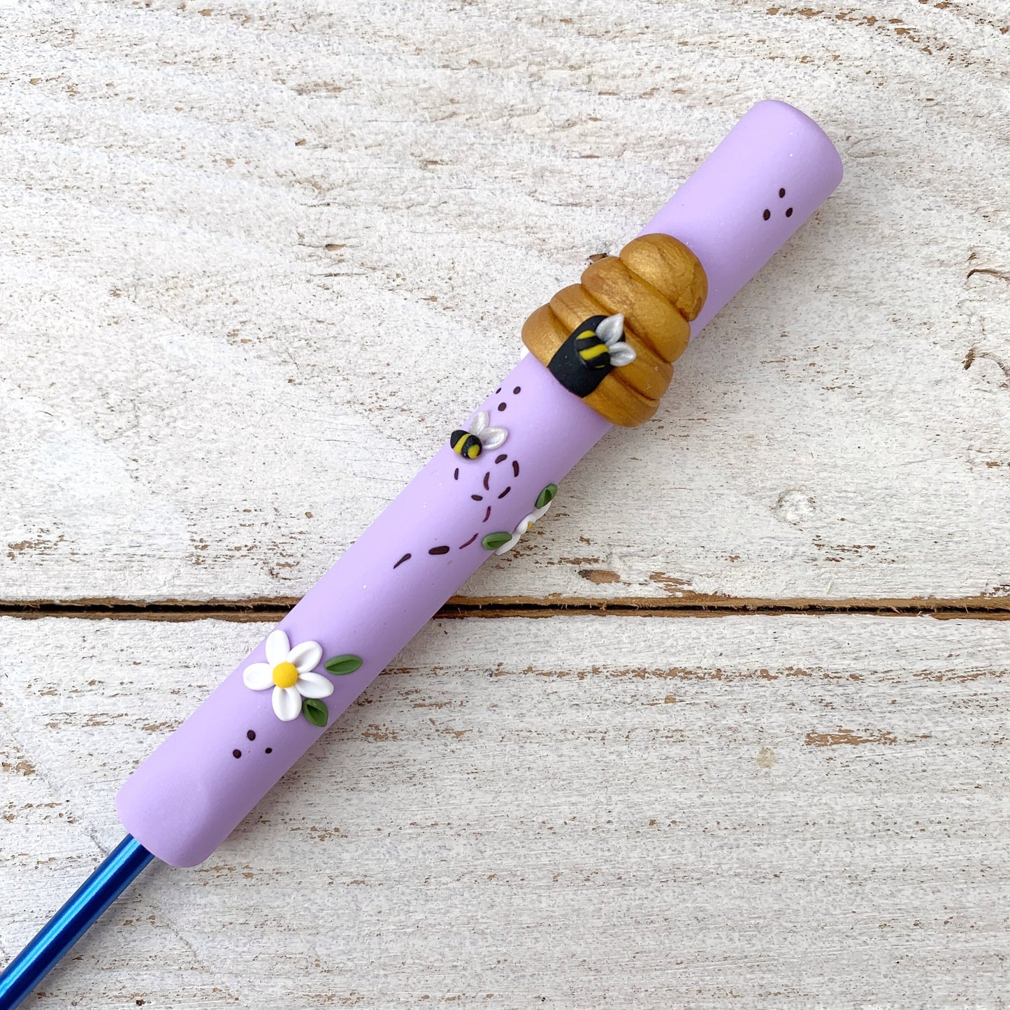 Lilac beehive polymer clay crochet hook