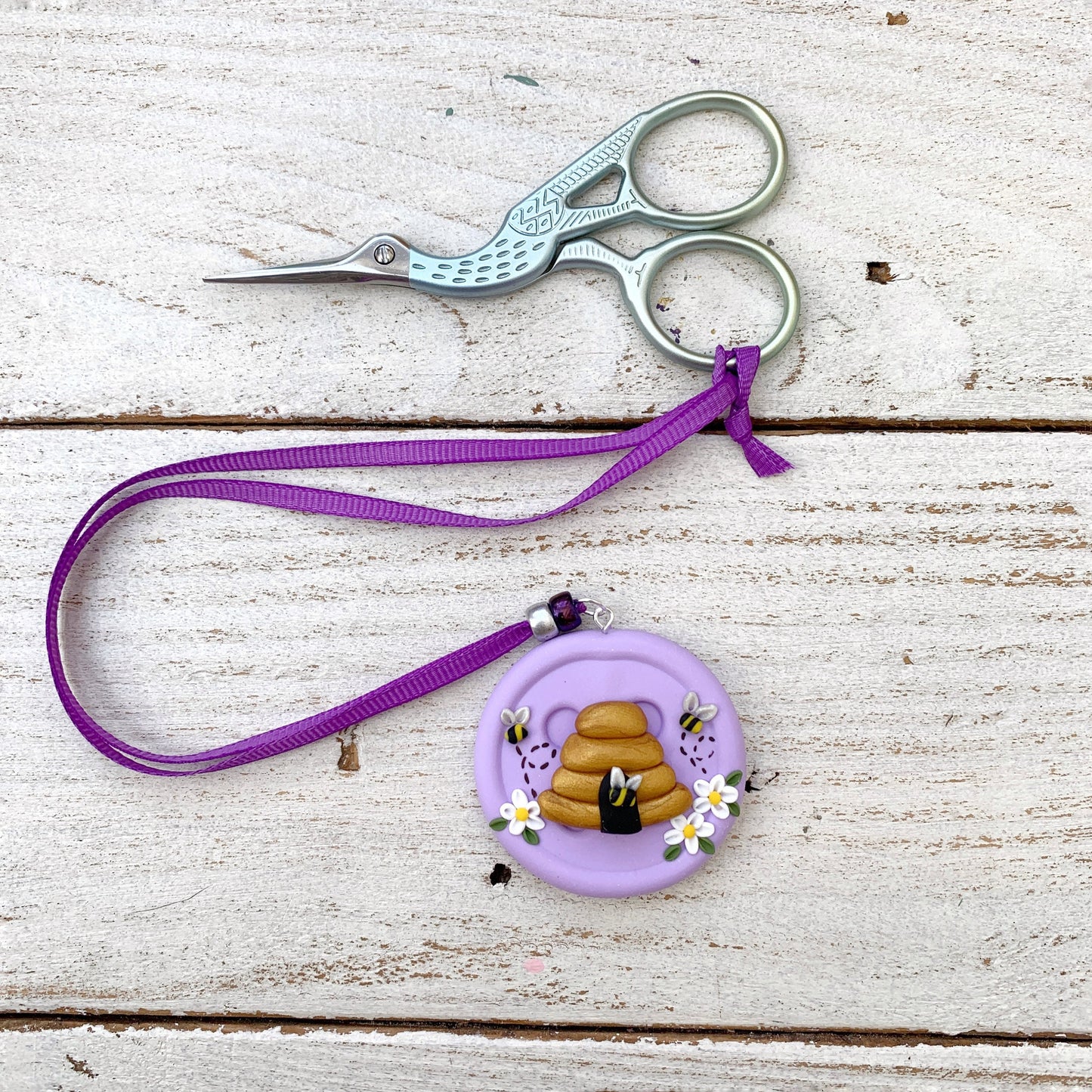 Lilac beehive scissor fob, embroidery scissor keeper