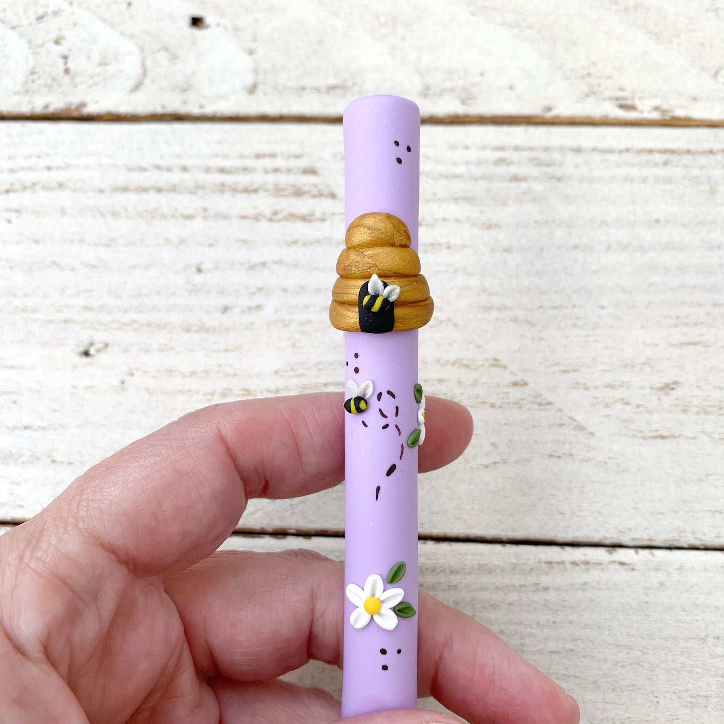 Lilac beehive polymer clay crochet hook