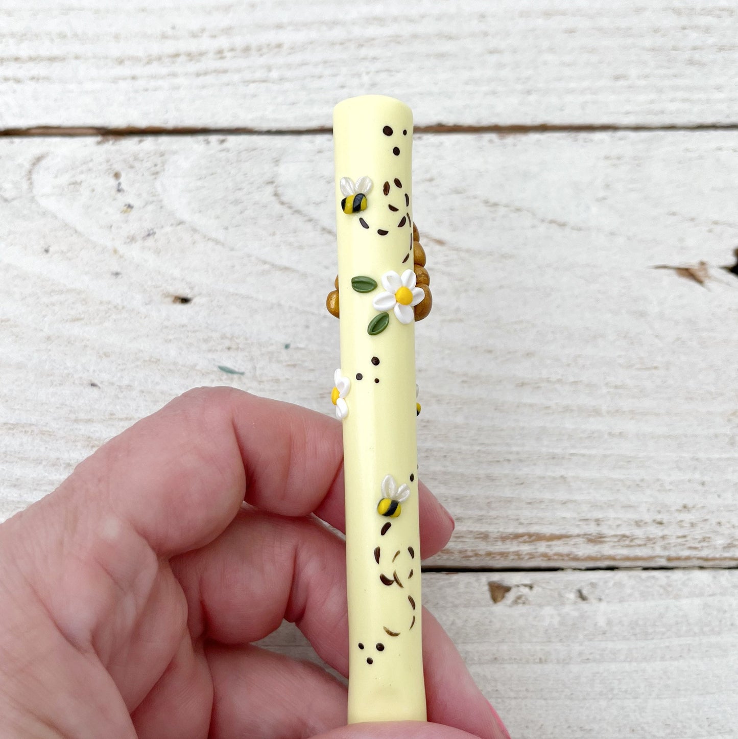 Lemon beehive crochet hook, polymer clay bumble bee crochet hooks