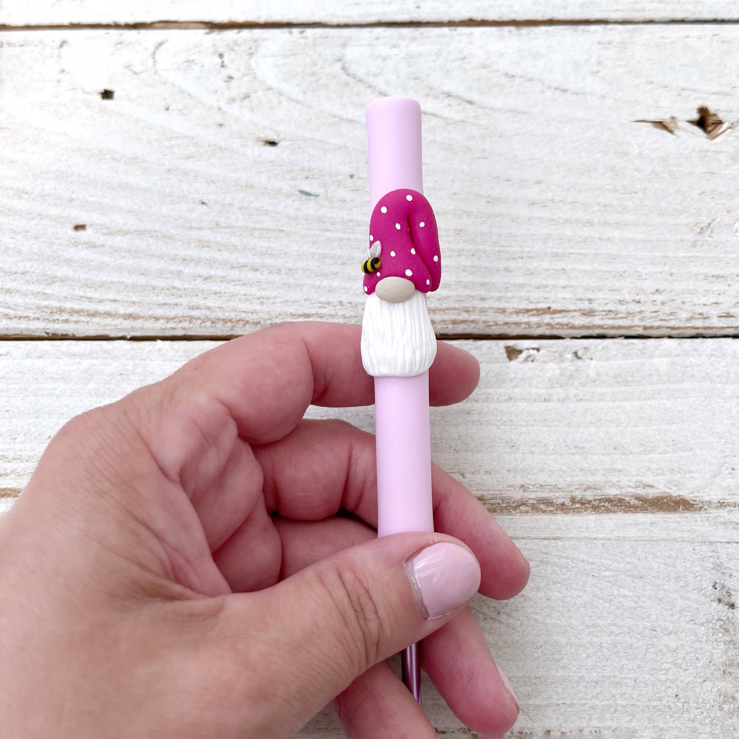 Pink bee hat gnome crochet hook, polymer clay pastel crochet hooks, gonk crochet hooks