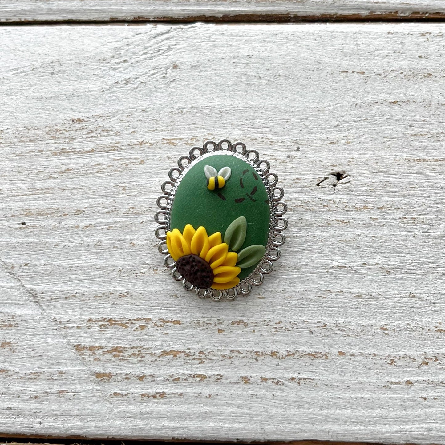 Sunflower brooch, polymer clay appliqué pin brooch
