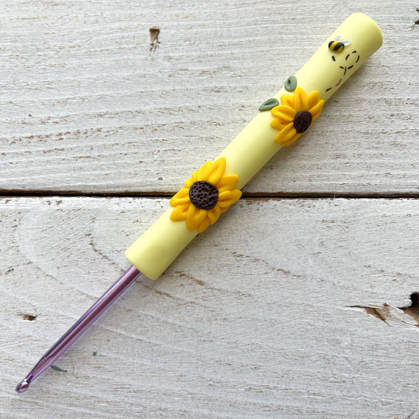 Lemon sunflower crochet hook, polymer clay ergonomic crochet hooks