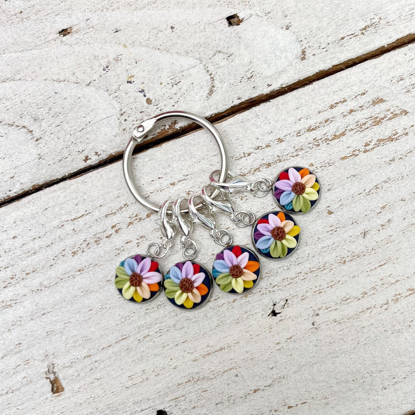 Navy rainbow flower stitch markers, crochet progress keepers, gift for a crafter, polymer clay charms