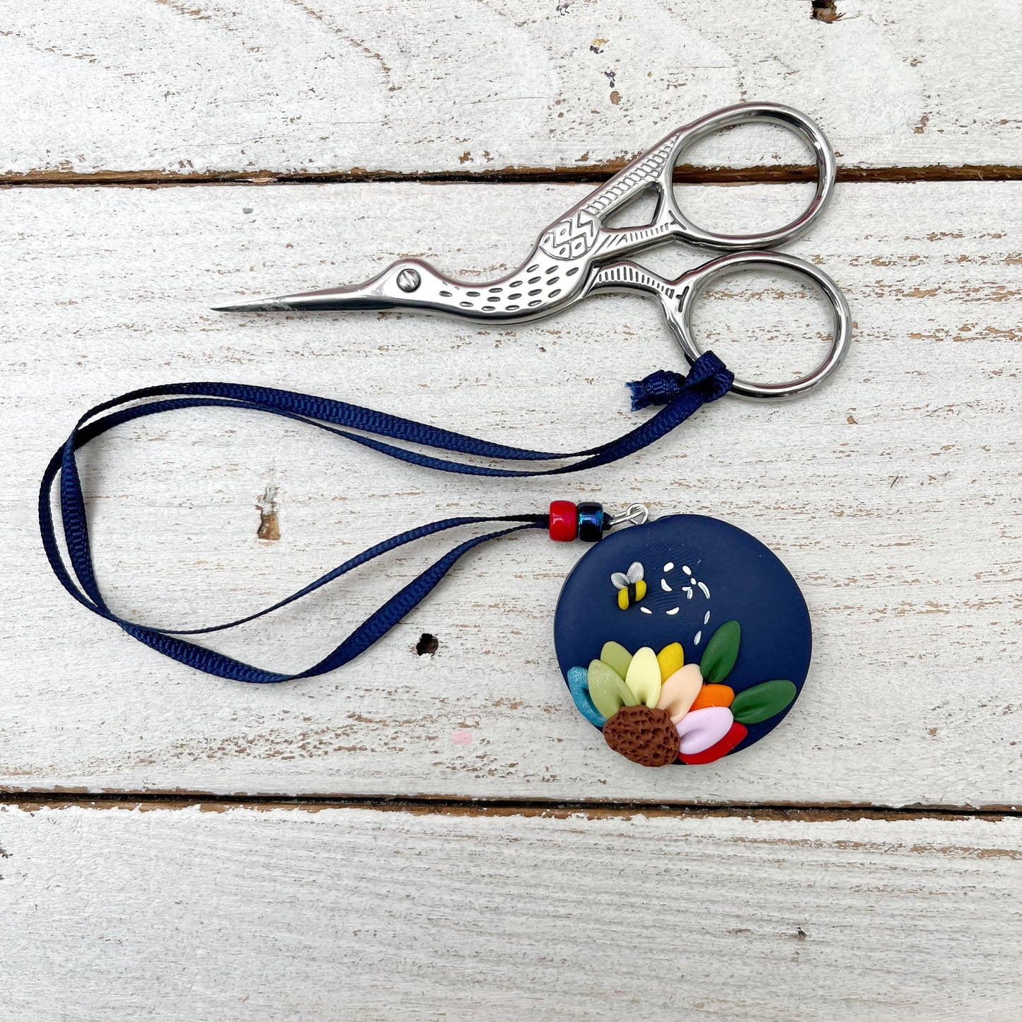 Navy rainbow flower scissor fob, scissor keeper, crochet tools, gift for her, cross stitch accessories