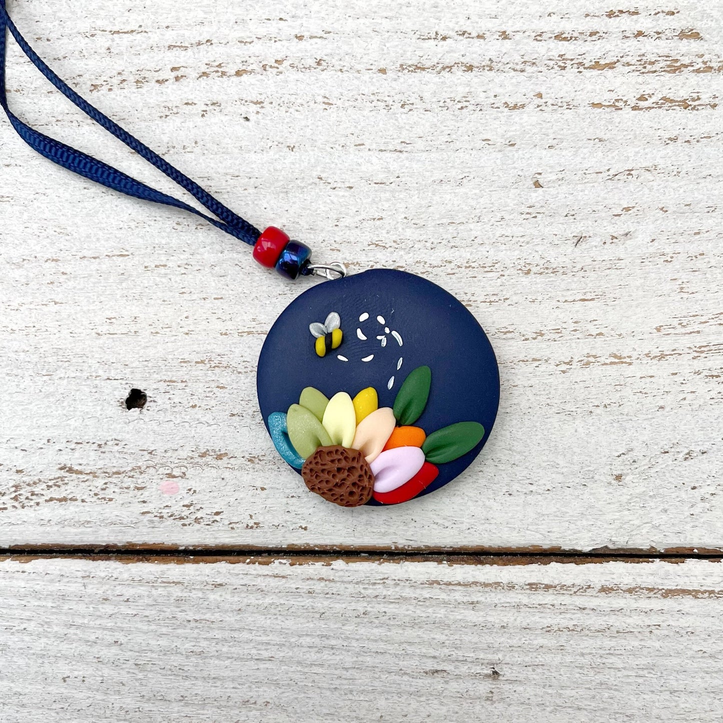 Navy rainbow flower scissor fob, scissor keeper, crochet tools, gift for her, cross stitch accessories