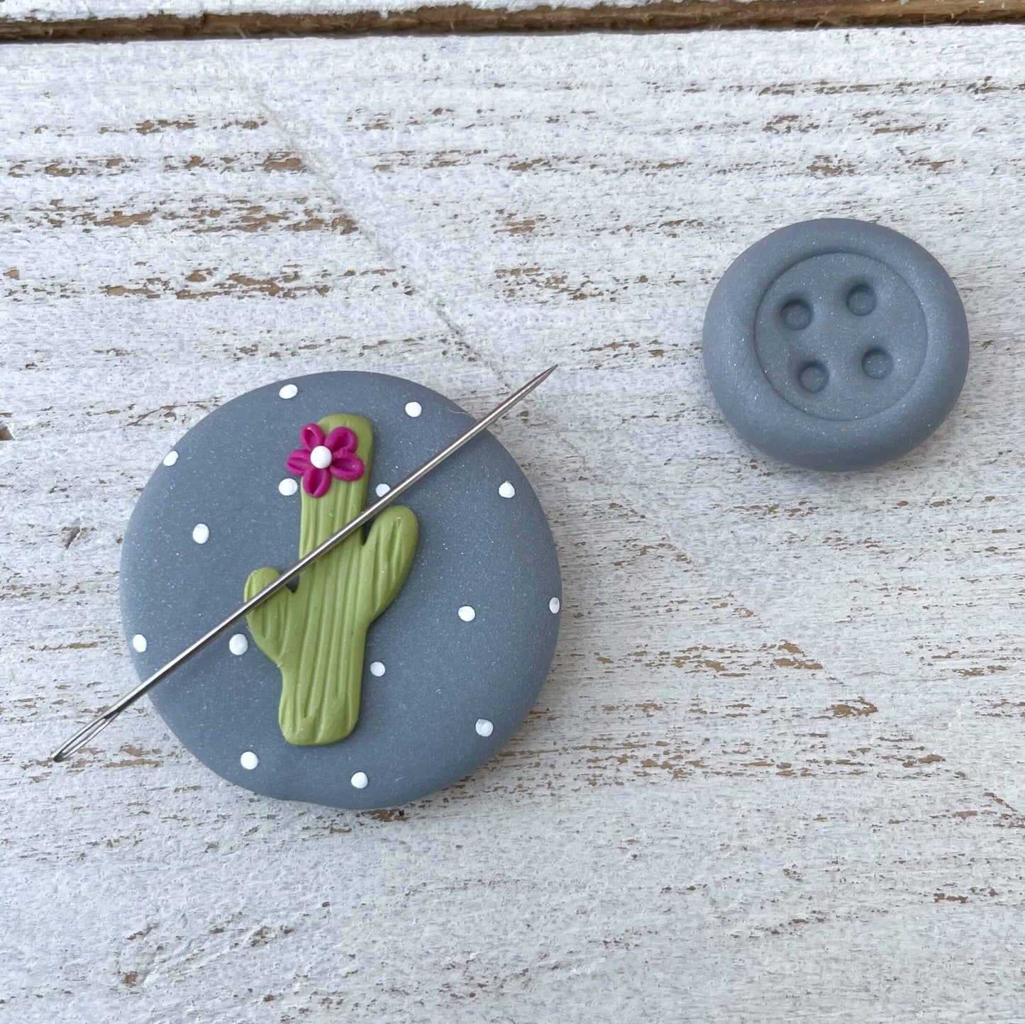 Grey cactus needle minder, needle keeper, magnetic needle holder, spring craft magnet, stitching tools