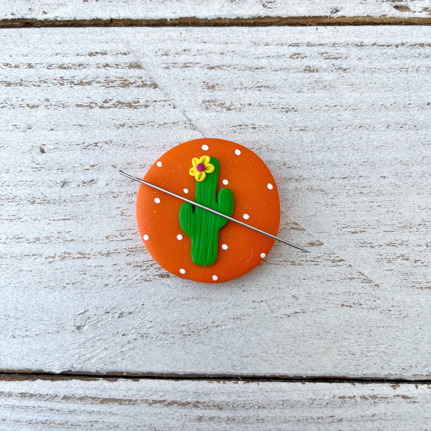 Orange cactus needle minder, needle keeper, magnetic needle holder, succulent craft magnet, stitching tools