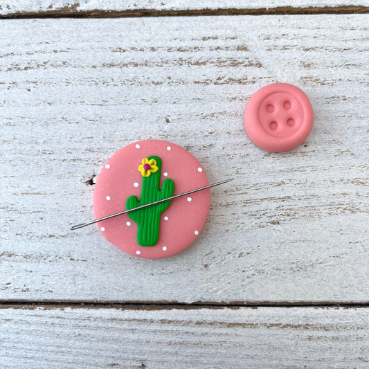 Pink cactus needle minder, needle keeper, magnetic needle holder, succulent craft magnet, stitching tools