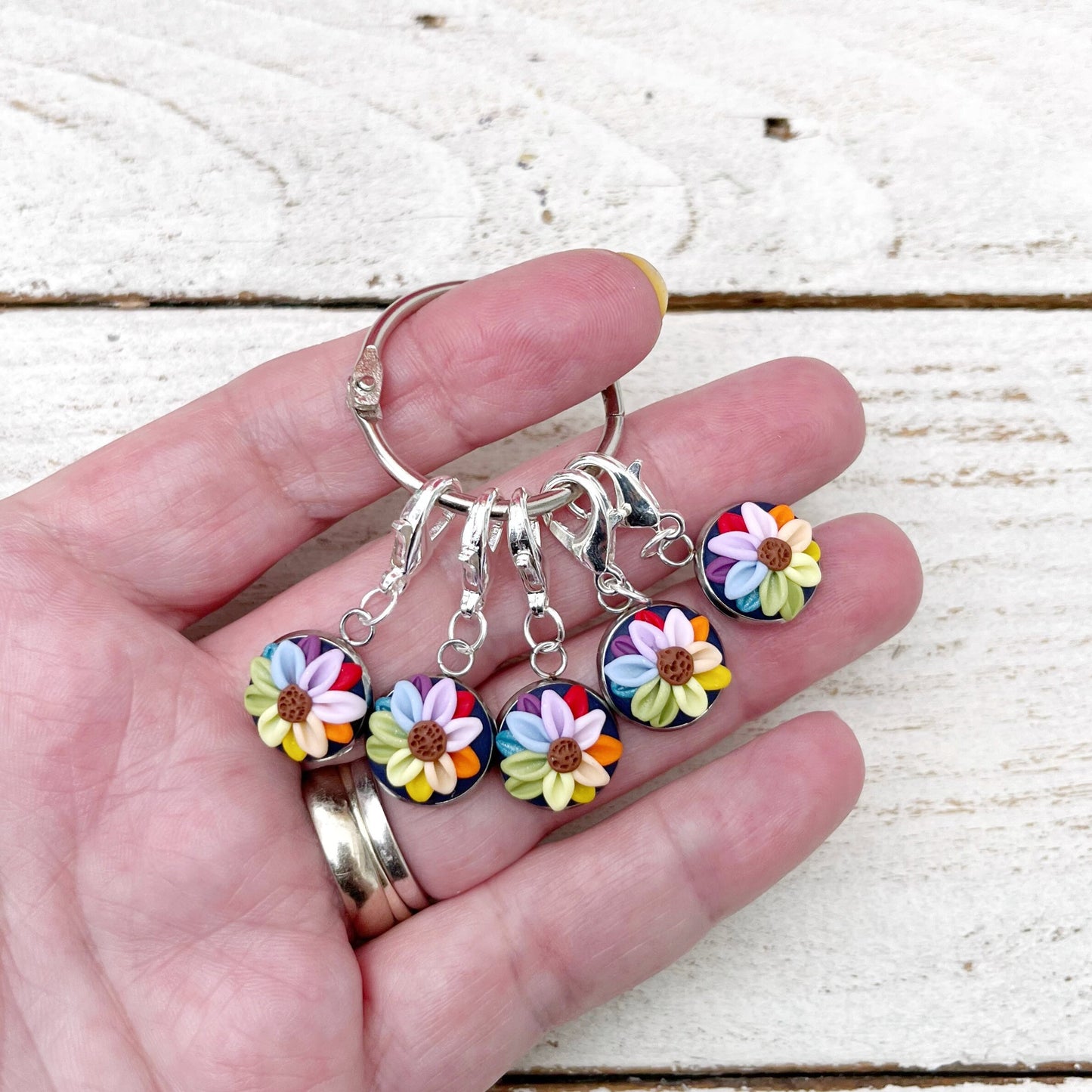Navy rainbow flower stitch markers, crochet progress keepers, gift for a crafter, polymer clay charms