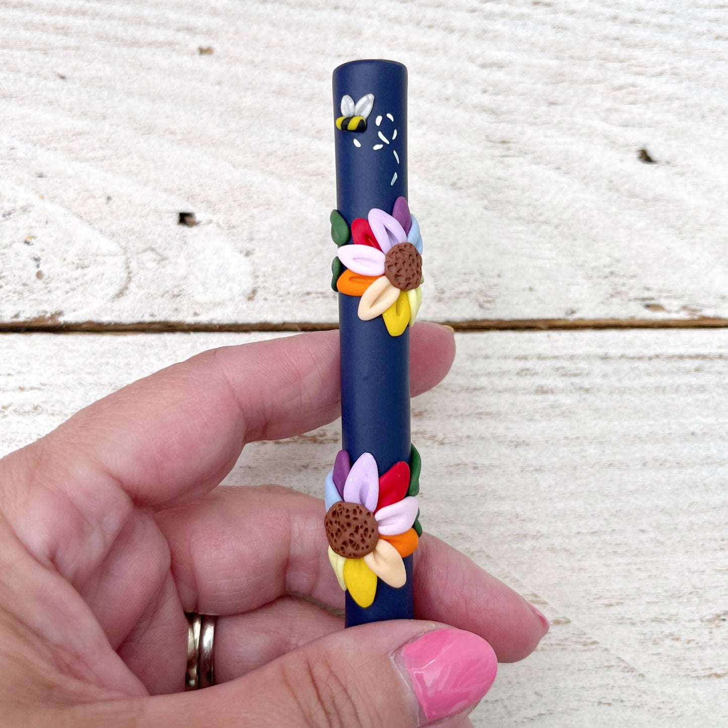 Navy rainbow flower polymer clay crochet hook, ergonomic crochet hooks
