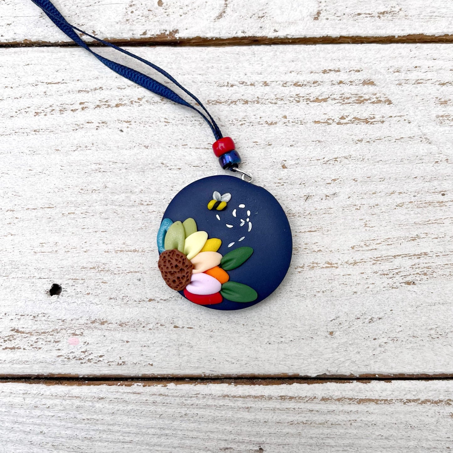 Navy rainbow flower scissor fob, scissor keeper, crochet tools, gift for her, cross stitch accessories