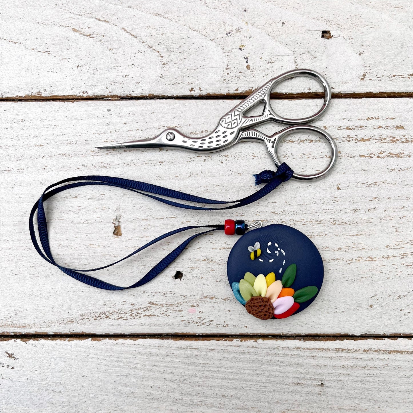 Navy rainbow flower scissor fob, scissor keeper, crochet tools, gift for her, cross stitch accessories