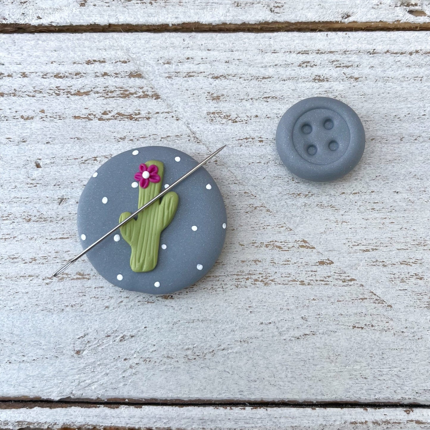 Grey cactus needle minder, needle keeper, magnetic needle holder, spring craft magnet, stitching tools