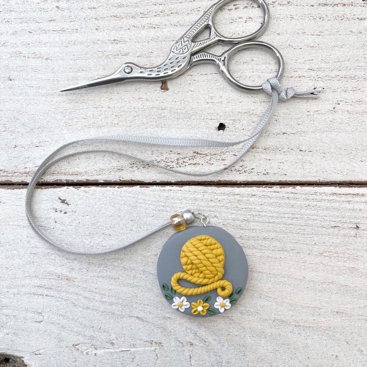 Mustard yarn ball scissor fob, embroidery scissor charm, cross stitch sewing accessories