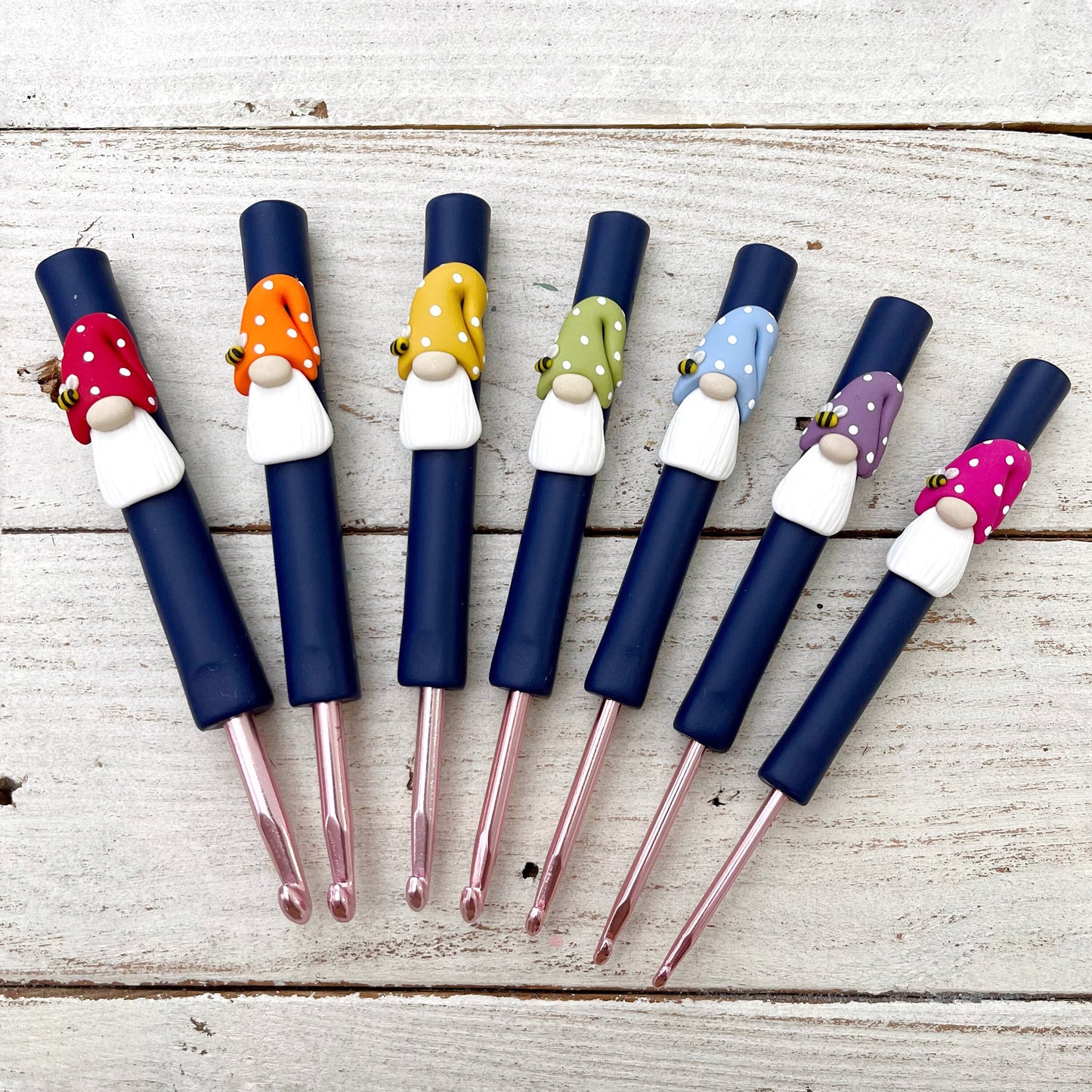 Set of 7 rainbow gnome gonk crochet hooks, crochet hook set, polymer clay ergonomic crochet hooks
