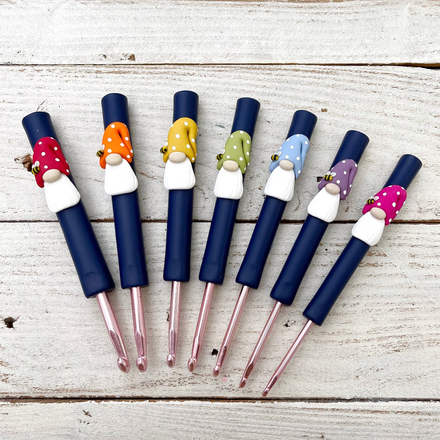 Set of 7 rainbow gnome gonk crochet hooks, crochet hook set, polymer clay ergonomic crochet hooks