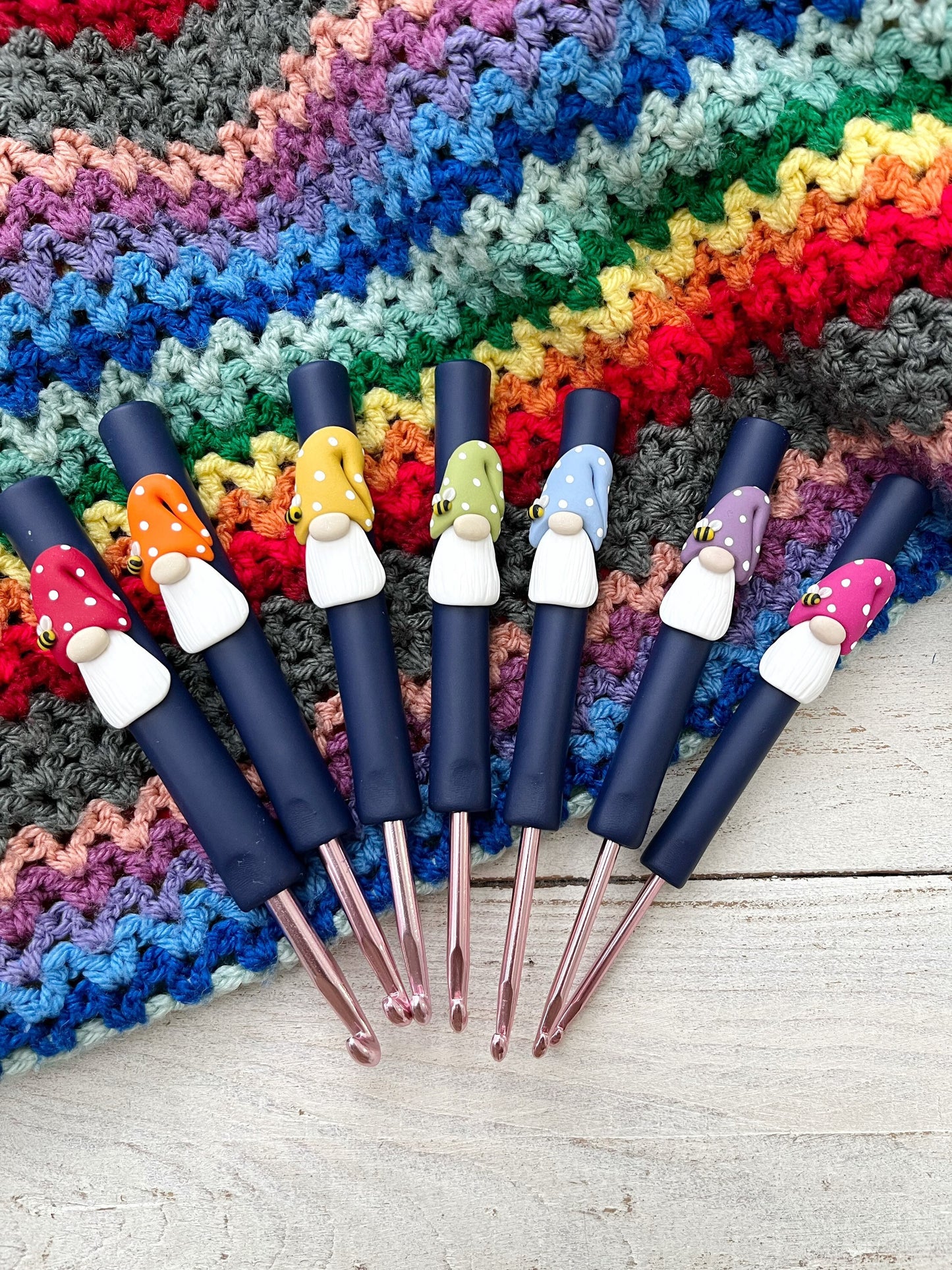 Rainbow gnome crochet hook, polymer clay crochet hooks, yarn lover, gonks, choose your colour