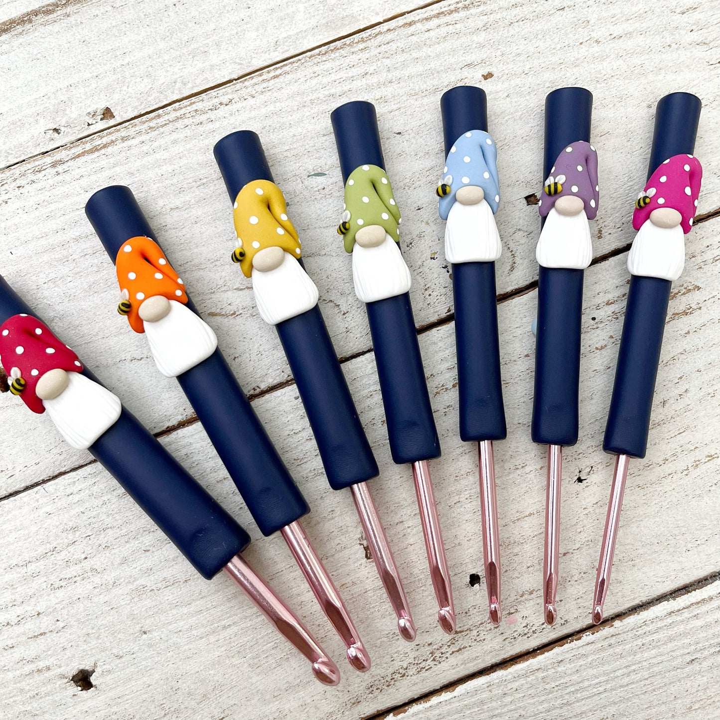 Set of 7 rainbow gnome gonk crochet hooks, crochet hook set, polymer clay ergonomic crochet hooks