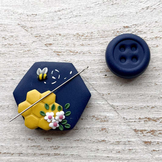 Navy hexagon bumble bee needle minder, sewing needle magnet, cross stitch embroidery needle holders
