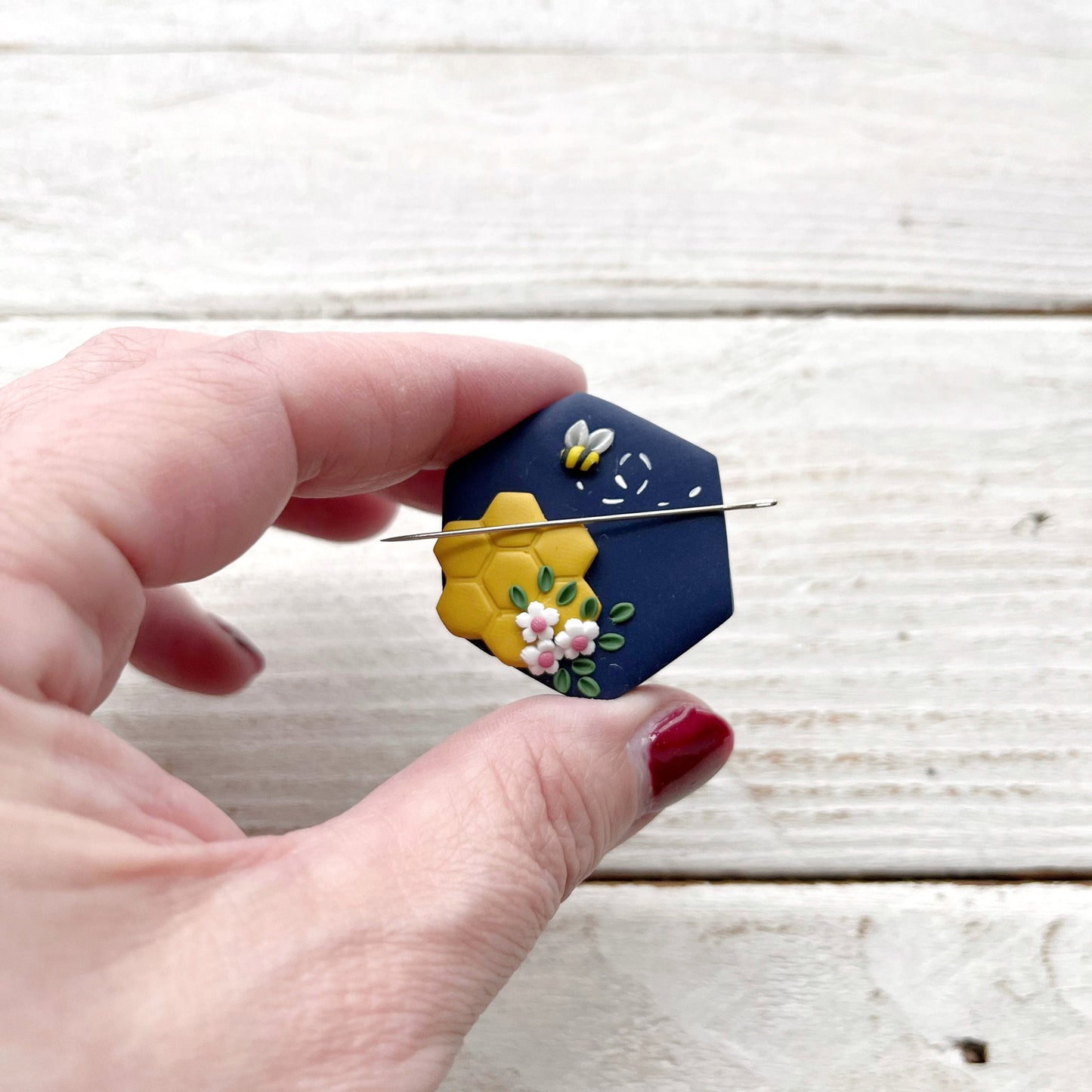 Navy hexagon bumble bee needle minder, sewing needle magnet, cross stitch embroidery needle holders
