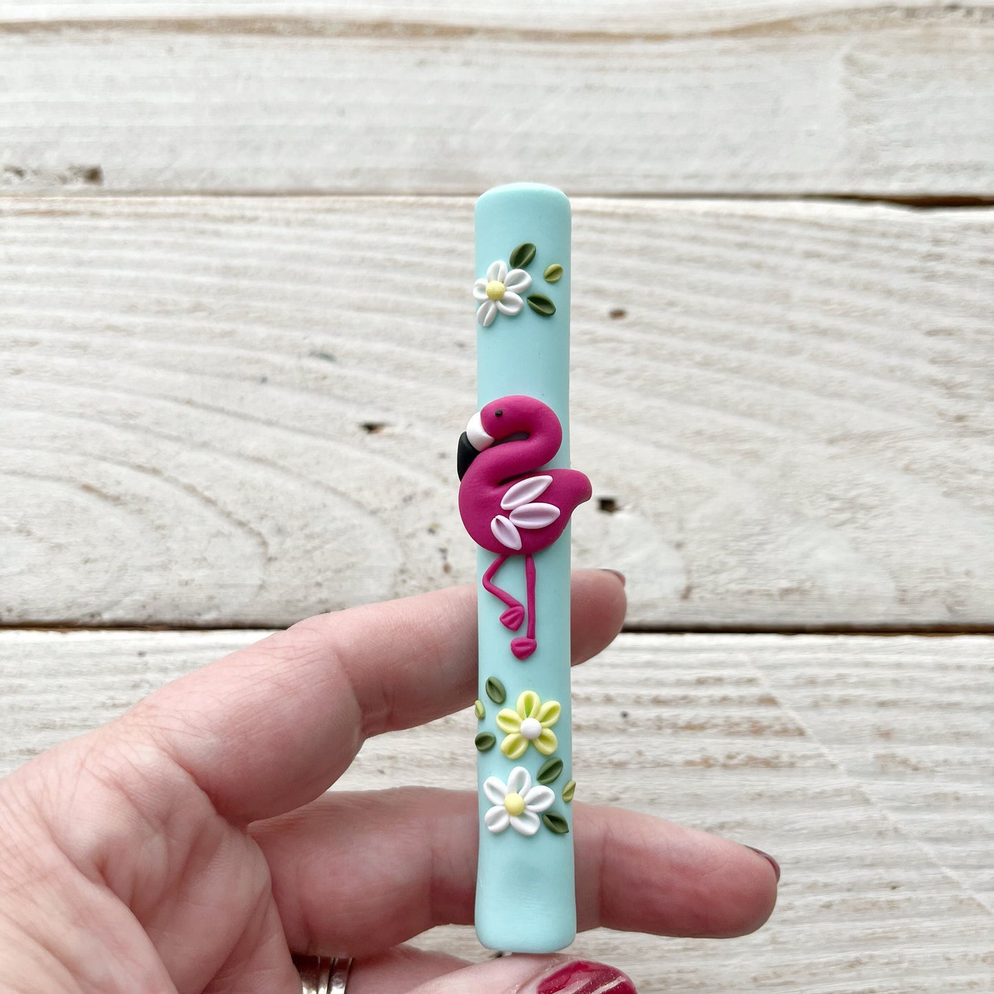 Mint flamingo crochet hook, polymer clay crochet hook gift, ergonomic crochet hook