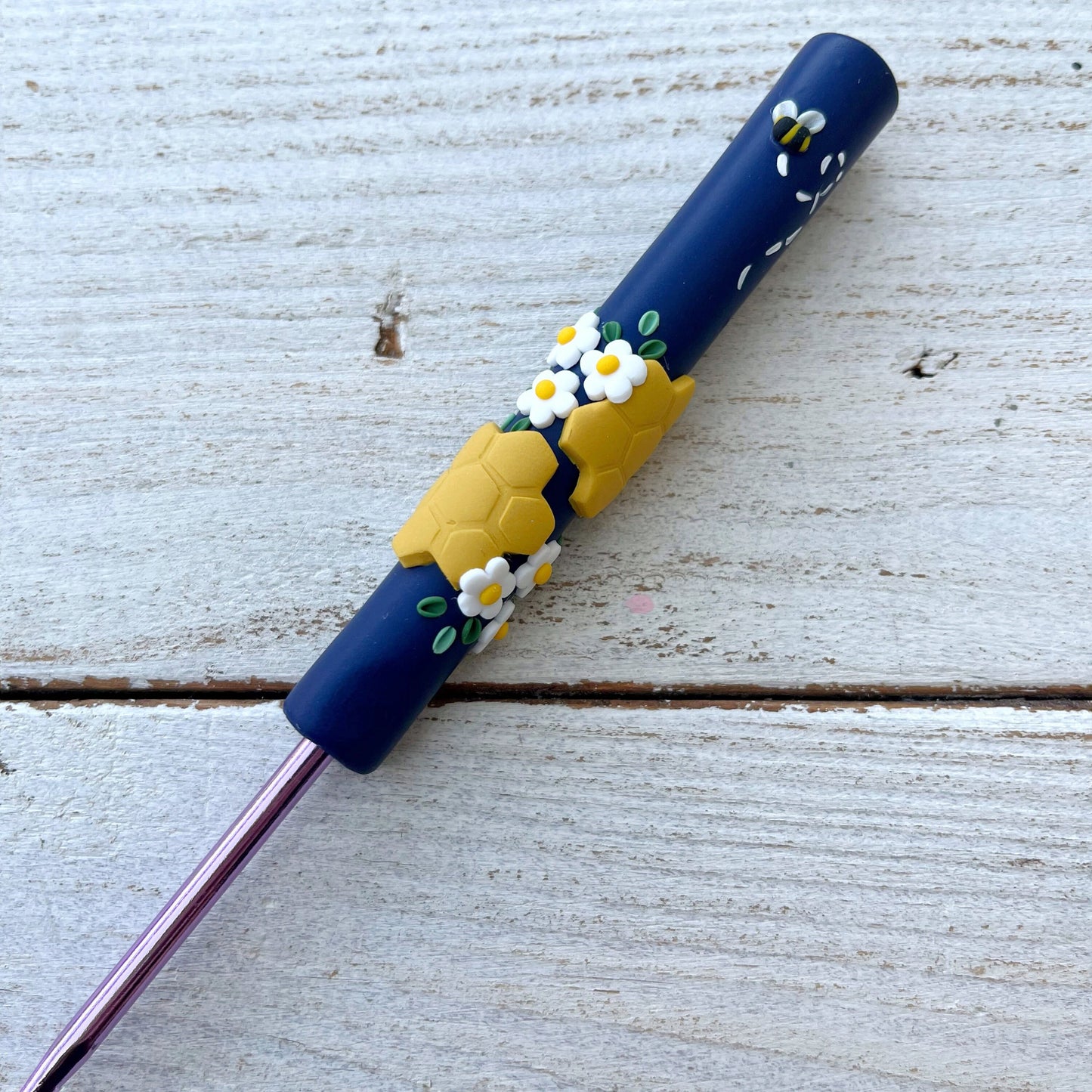 Navy honeycomb bee crochet hook, polymer clay bumble bee crochet hooks, crochet gifts