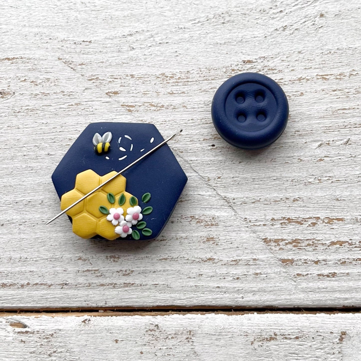 Navy hexagon bumble bee needle minder, sewing needle magnet, cross stitch embroidery needle holders