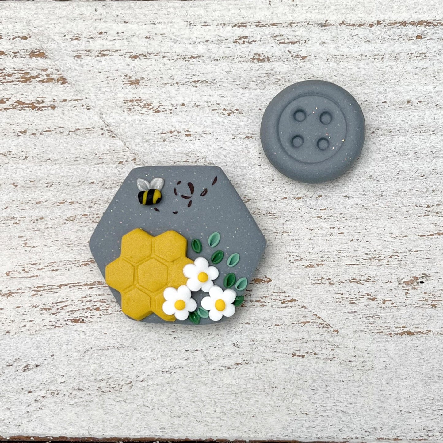 Grey hexagon bumble bee needle minder, sewing needle magnet, cross stitch embroidery needle holders