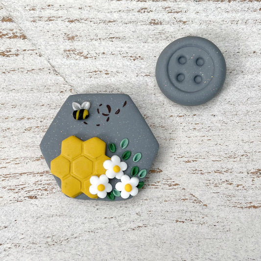 Grey hexagon bumble bee needle minder, sewing needle magnet, cross stitch embroidery needle holders