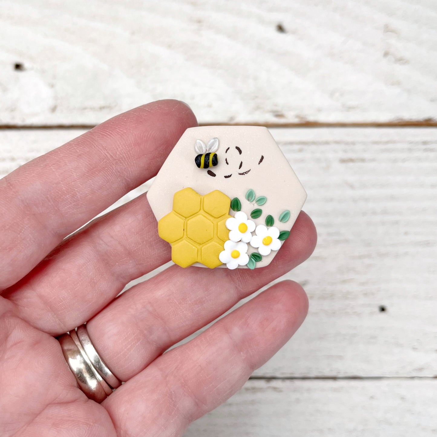 Beige hexagon bumble bee needle minder, sewing needle magnet, cross stitch embroidery magnets