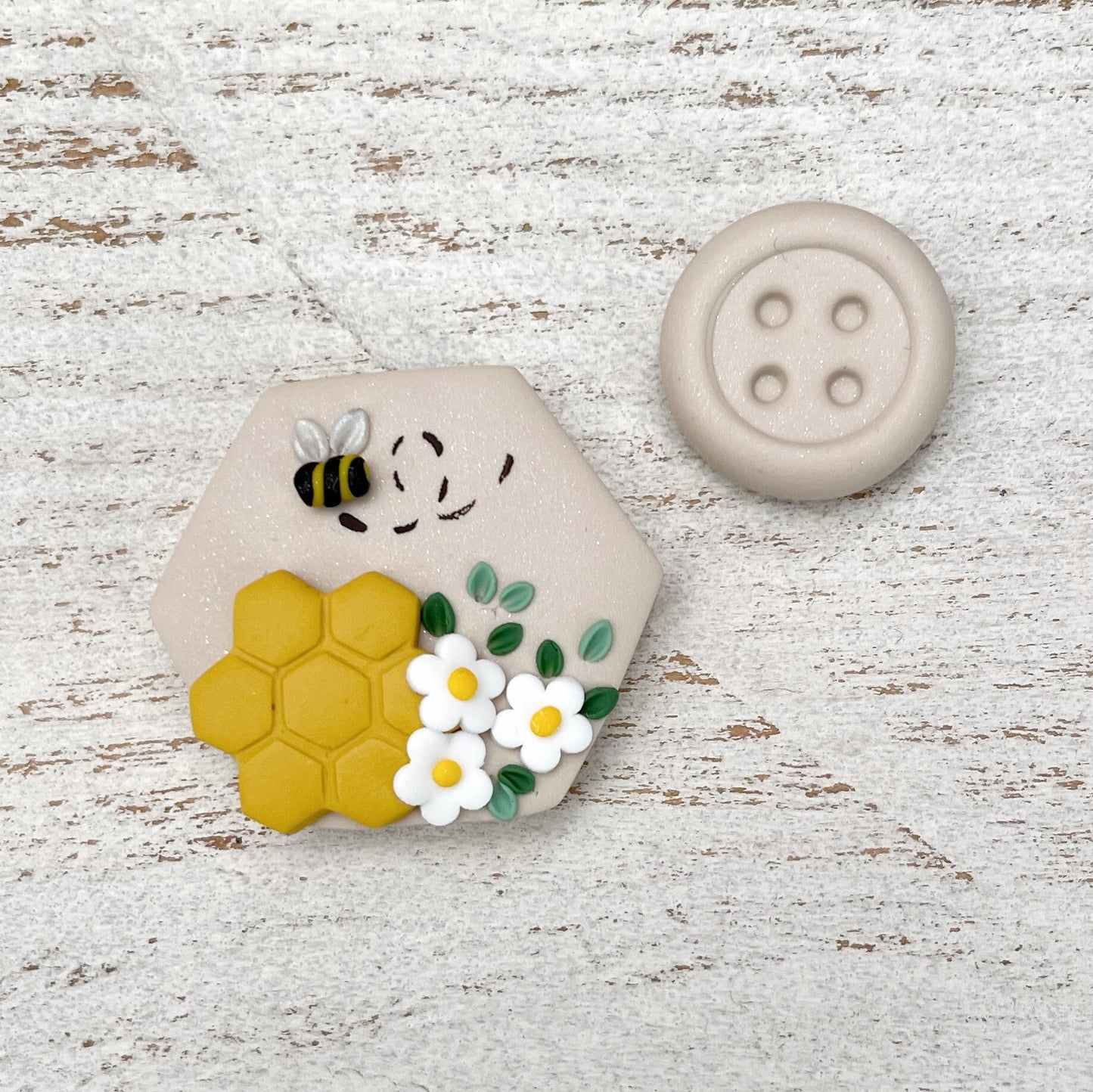 Beige hexagon bumble bee needle minder, sewing needle magnet, cross stitch embroidery magnets