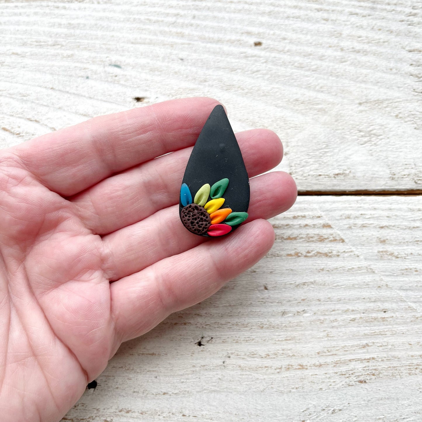 Black rainbow flower teardrop needle minder, floral magnetic sewing aid, cross stitch crochet magnets