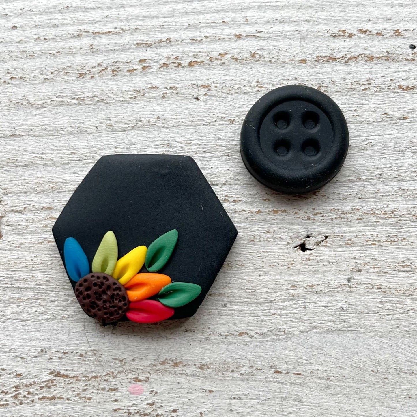 Black rainbow flower hexagon yarn needle minder, sewing needle magnet, cross stitch embroidery tools