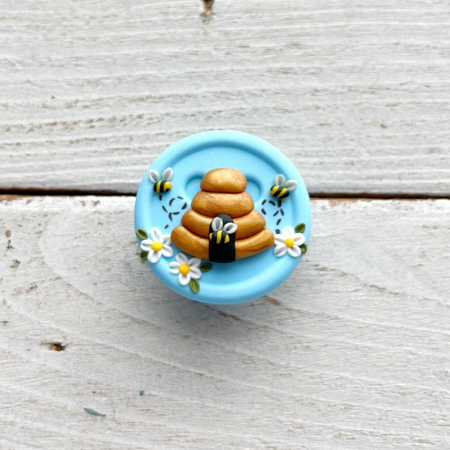 Pale blue beehive needle minder, pin cushion, cross stitch, fridge magnet, bees and beehive, crochet tools, cross stitch accessories