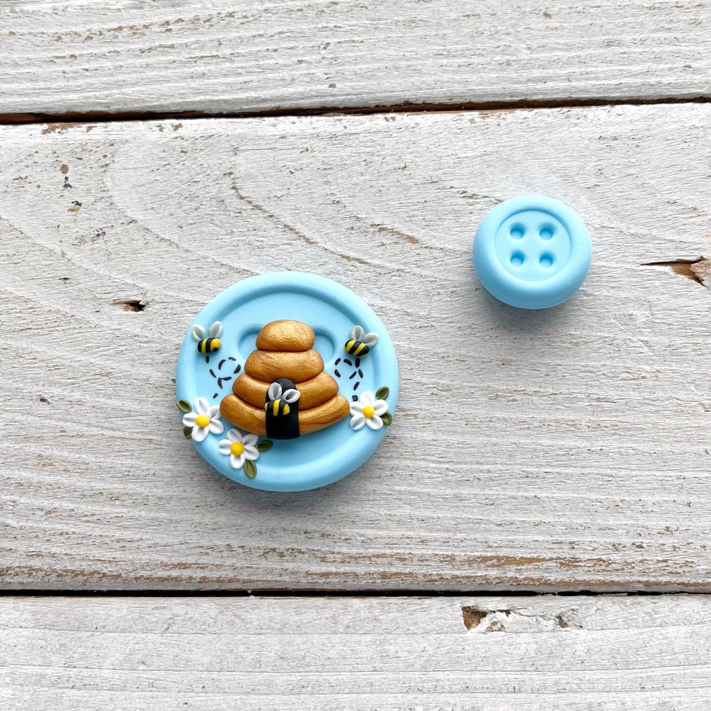 Pale blue beehive needle minder, pin cushion, cross stitch, fridge magnet, bees and beehive, crochet tools, cross stitch accessories