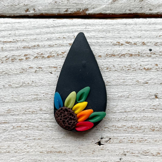 Black rainbow flower teardrop needle minder, floral magnetic sewing aid, cross stitch crochet magnets