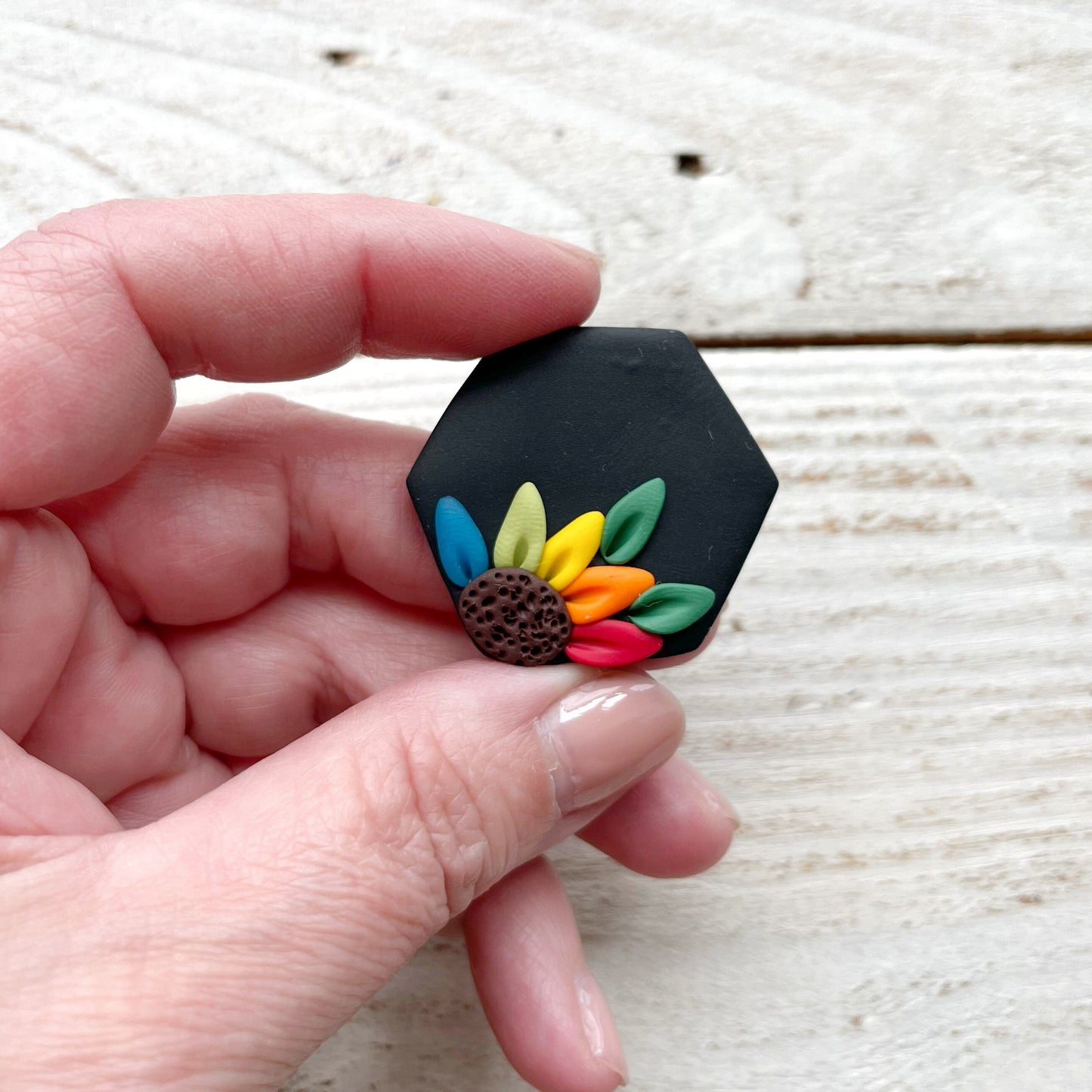 Black rainbow flower hexagon yarn needle minder, sewing needle magnet, cross stitch embroidery tools