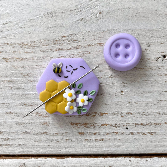 Lilac honeycomb bumble bee needle minder, sewing needle magnet, cross stitch embroidery tools