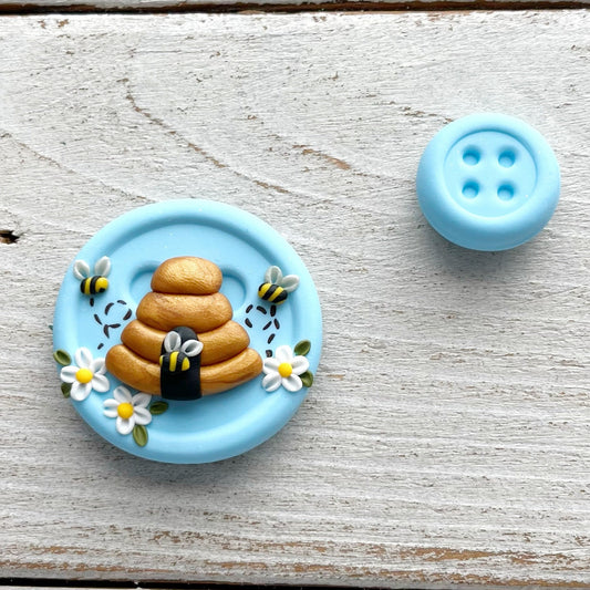 Pale blue beehive needle minder, pin cushion, cross stitch, fridge magnet, bees and beehive, crochet tools, cross stitch accessories