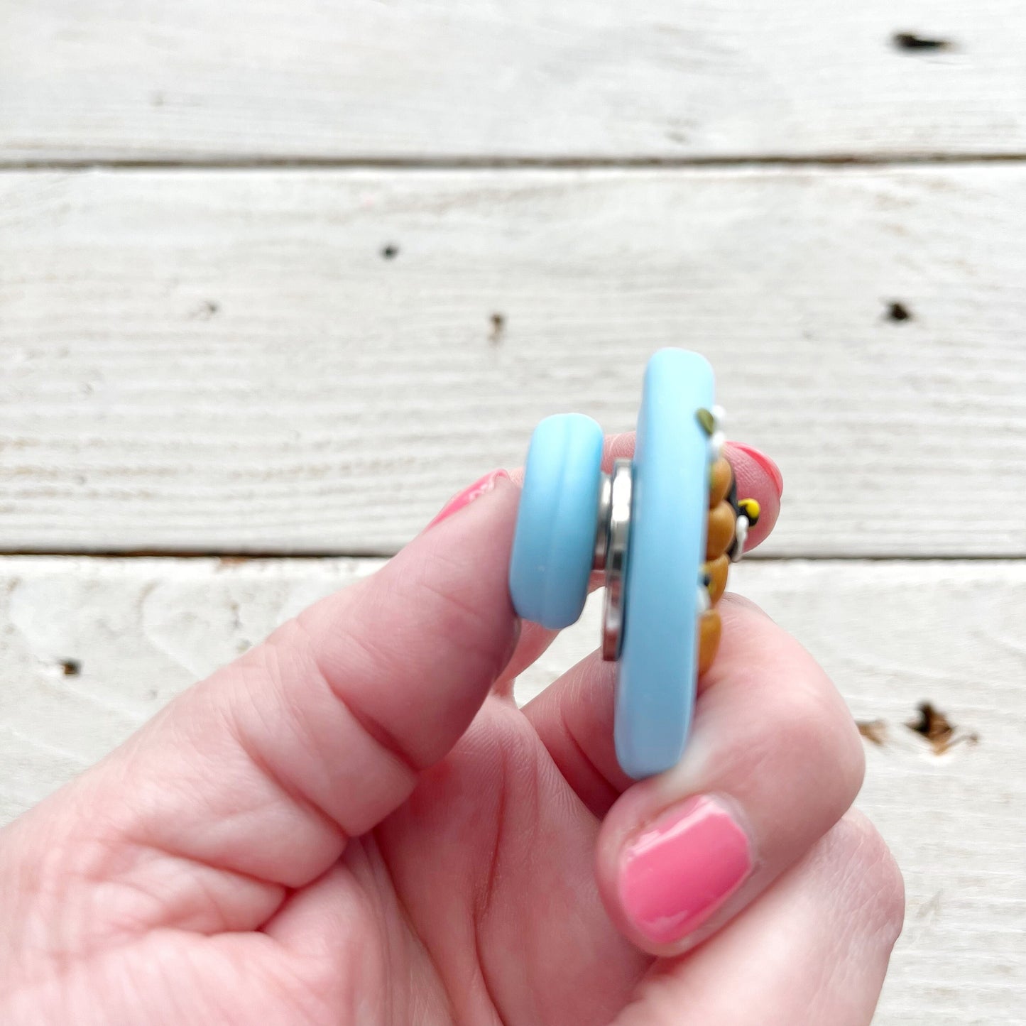 Pale blue beehive needle minder, pin cushion, cross stitch, fridge magnet, bees and beehive, crochet tools, cross stitch accessories