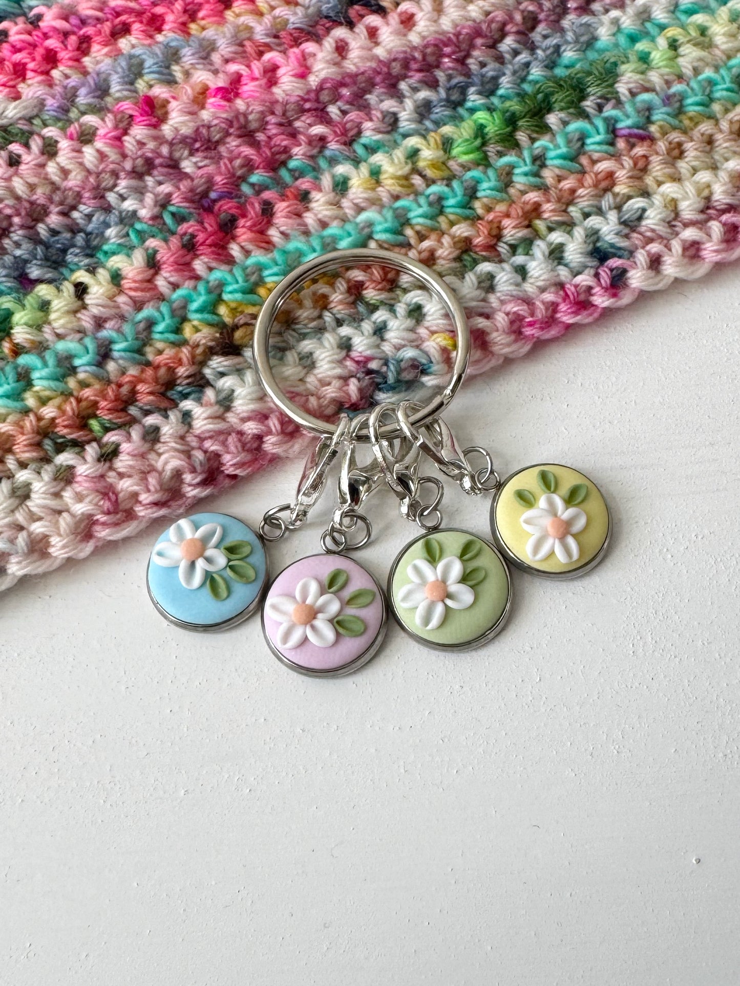 Pastel Rainbow Flower Stitch Markers, Polymer Clay Floral Progress Keeper Set