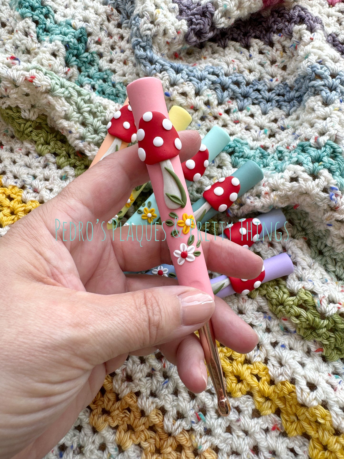 Pastel Mushroom Crochet Hook, Polymer Clay Pastel Rainbow Toadstool Crochet Hook