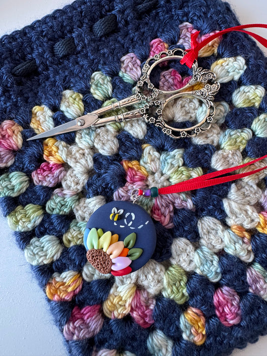 Navy rainbow flower scissor fob, scissor keeper, crochet tools, gift for her, cross stitch accessories