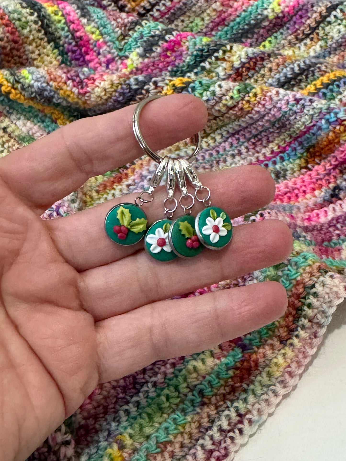 Holly and Flower Stitch Markers, Christmas Progress Keepers